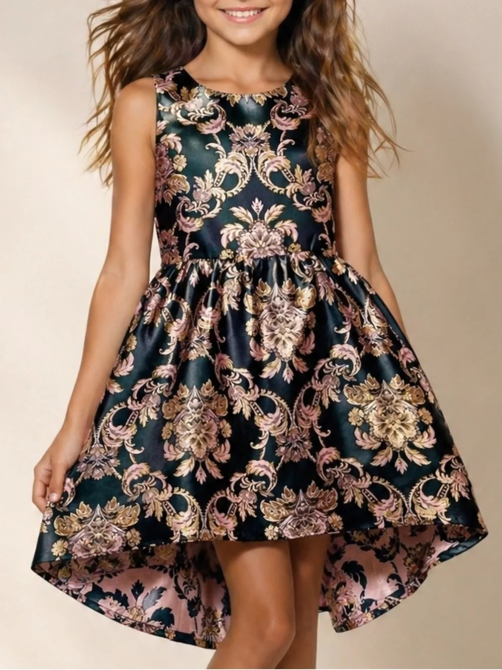 The Children's Place Black and Gold Metallic Floral Brocade Dress (937)